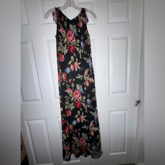 Positive Attitude Dresses & Skirts - Positive Attitude Open Back Black Dress with Red and Green Floral Pattern